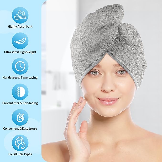 Hair Towel Wrap, 5 Pack Quick Dry Hair Wrap, Highly Absorbent Adjustable Soft Towel Wrap, Anti Frizz Hair Turban with Button & Elastic Loop Hair Towels for Women Wet, Curly, Long Hair