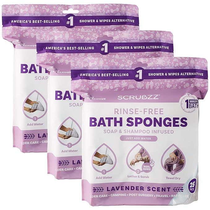 Scrubzz Disposable No Rinse Bathing Wipes - All-in-1 Single Use Shower Wipes, Simply Dampen, Lather, and Dry Without Shampoo or Rinsing (Lavender, 3-Pack)