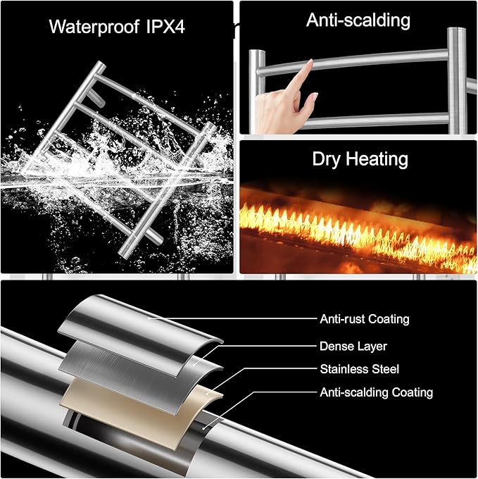 Towel Warmer with Built-in Timer for Bathroom Wall Mounted Bath Towel Heater Plug-in Electric Heated Towel Rack Brushed ETW29
