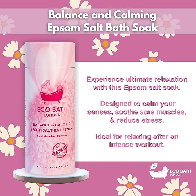 Eco Bath London Balance and Calming Epsom Salt Bath Soak – Tube 2.2 LB (1kg) | Made in UK | Magnesium Bath Salt with Neroli, Geranium and Chamomile
