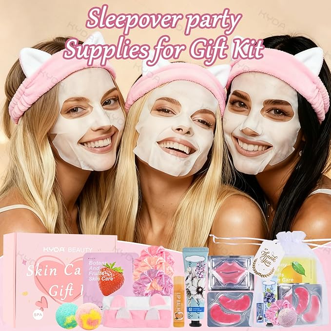 KYDA 84PCS SPA Party Supplies for Women, Face Mask, Hand Cream, Lip Balm, Under Eye Patches, Lips Mask, Skincare Set, Foot Bath Bomb and Hair Band, Spa Birthday Sleepover Party Supplies Slumber Party