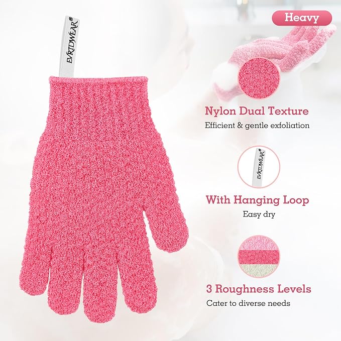 Evridwear Exfoliating Gloves for Shower, 100% Nylon Thick Soft Medium Heavy Bathing Gloves Dead Skin Remover Body Scrubber Smooth Skin with Hang Loop (Hot Pink Deep Exfoliation- 3 Pairs)