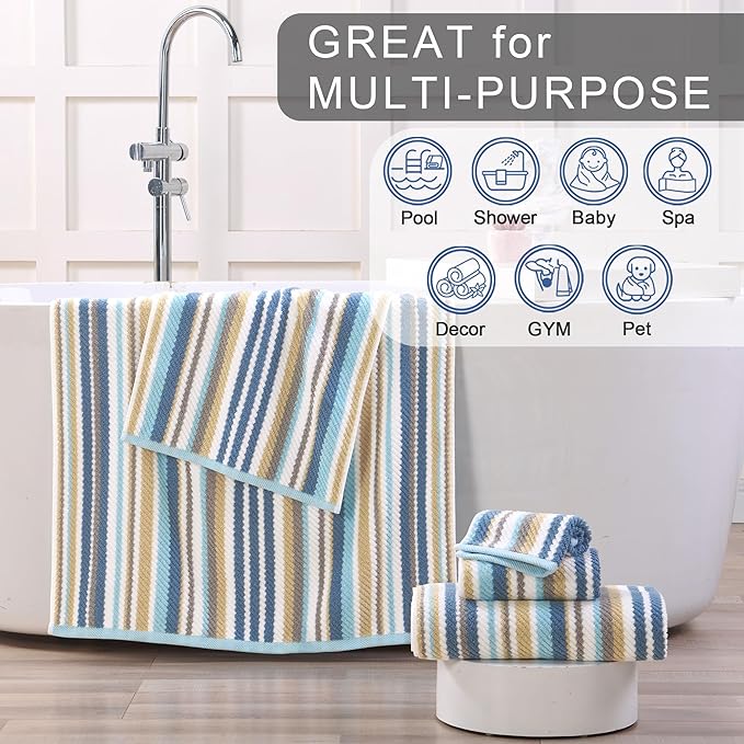 Blue Striped Hand Towels Set (4PC, 16"x27") - 100% Cotton | Quick Dry | Soft | Absorbent, Light Weight Hand Towels for Showering & Bathroom, Luxury Towel Set for Guest, Blue + Gray + Beige