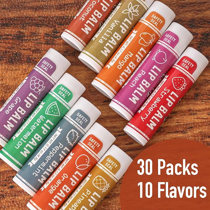 AZEN 30 Pack Lip Balm, Natural Lip Balm Bulk, Lip Care Product, Moisturizing Lip Balms for dry cracked lips, Mothers Day Gifts Easter Basket Stuffers - 10 Flavors