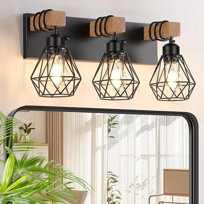 FadimiKoo 3-Light Farmhouse Bathroom Vanity Light Fixtures, Wood Bathroom Lighting Over Mirror, Black Vanity Lights with Metal Lampshade, Vintage Wall Light Fixtures for Bedroom, Living Room, Hallway