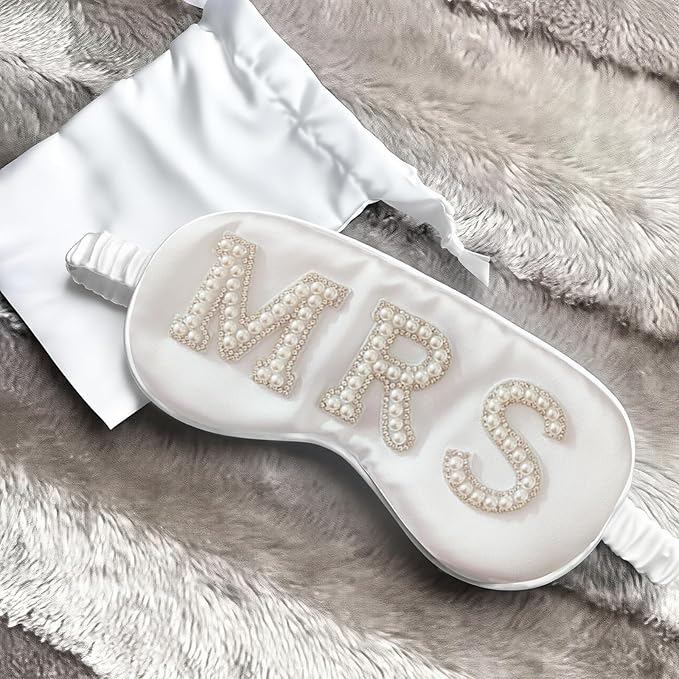Bride Eye Mask, White Soft Fabric Diamond Bride Sleep Mask for Massages Eye, Pearl Bridal Shower Gifts to Adjust Night Sleep, Sleeping Maskes for Wedding (MRS)