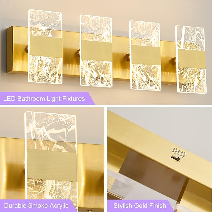 Modern LED Bathroom Light Fixtures Dimmable 4-Light Gold Vanity Light, 5CCT Adjustable Lighting Fixture Vanity Lights Over Mirror, Smoked Acrylic LED Vanity Lights for Bathroom