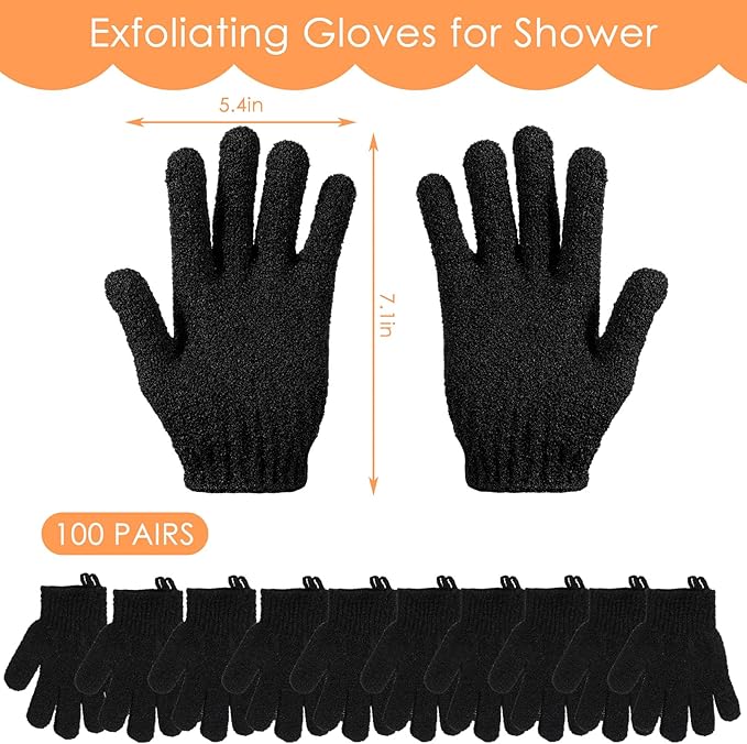 FoldTier 200 Pcs Exfoliating Gloves Bulk for Shower Body Double Sided Gloves Exfoliating Bath Mitt with Hanging Loop Bath for Women Men Bathing Skin Scrubber Accessories Beauty Spa (Black)