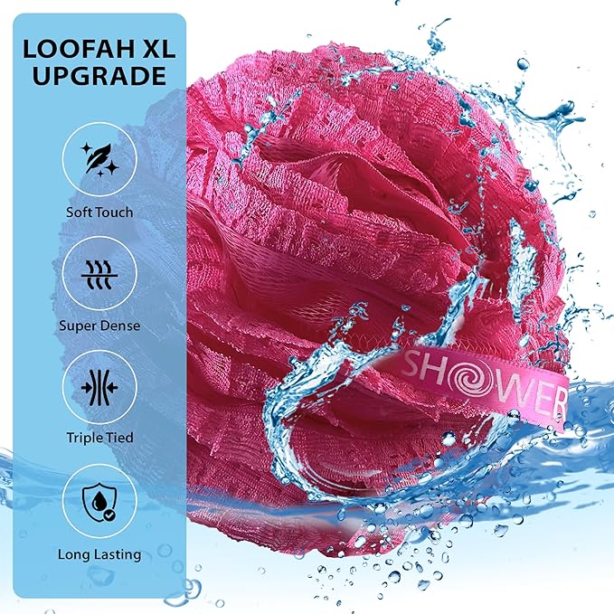 Loofah-Bath-Sponge Hot-Lacey-Mesh // 4-Steamy-Lace-Colors by Shower Bouquet / 2-Scrubs-in-1 Large Full 60g Pouf Body Luffa Loofa Loufa Puff - Exfoliate, Cleanse Skin with Luxury Bathing Accessories