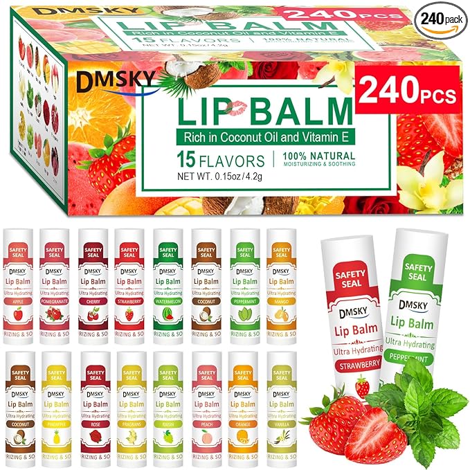 DMSKY 240 Pack Lip Balm, Natural Lip Balm Bulk with Vitamin E and Coconut Oil, Christmas Stocking Stuffers, Christmas Gifts for Women Girls-12 Flavors