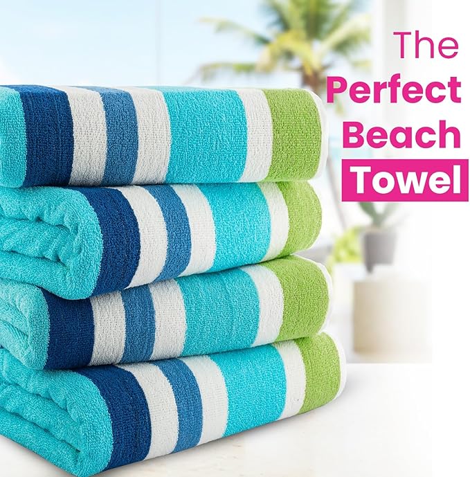 CASA COPENHAGEN Monaco Beach Towels Designed in Denmark Rough and Tough, Quick Dry, for Pool, Bath & Shower 30x60 inches 4 Pieces Cotton Beach Bath Towels Set - Rainbow Green