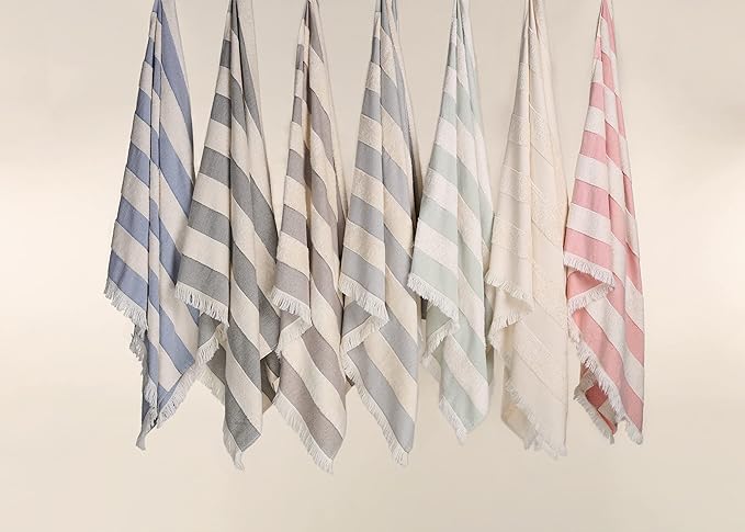 Lightweight Turkish Beach Towel - 100% BCI Cotton, Unbleached Raw Fringe, Oeko-TEX Certified, Absorbent, Eco-Friendly, 36x66”, Sky Blue & Natural Stripes, Portable Sarong Blanket for Pool, Travel