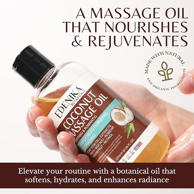 Edenika Botanicals Tropical Coconut Massage Oil for Massage Therapy, Soothing Massage Oil with Coconut & Passion Fruit Oil for Muscle Relaxing, Skin Moisturizing & Hydrating, 2-Pack