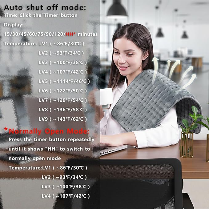 Electric Heating Pad, 2025 Upgraded Dual Mode Controller (Manual and auto Off Mode),Multiple Safety protections, Comfortable Soft, Machine Washable（18"x 33" Grey）