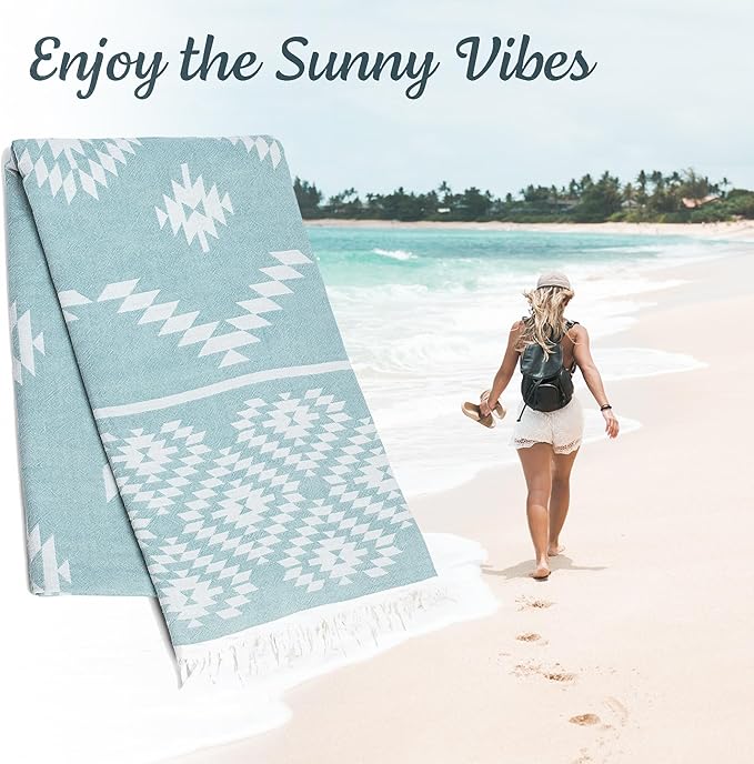 Turkish Beach Towel (35”x67”) – 100% Cotton, Quick Dry, Lightweight, Oversized Beach Towel for Pool & Travel - Pastel Teal Color