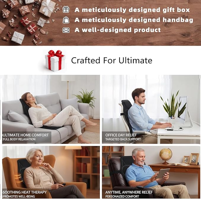 Back Massager with Heat, Vibration Massage Seat Cushion with 8 Massage Nodes & 5 Modes, Adjustable Chair Massager Pad for Home Office, Heated Chair Pad, Valentines Day Gifts for Women Mom Wife
