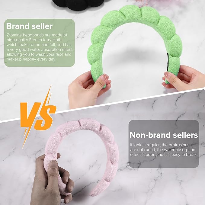 Ztomine 2 Count Hairband, Set of 2 - Thick, Soft, Plush, Absorbent Terry Cloth Spa Headbands for Washing Face or Facial - Puffy Makeup Headbands for Face Washing, Mask, Skin Treatment