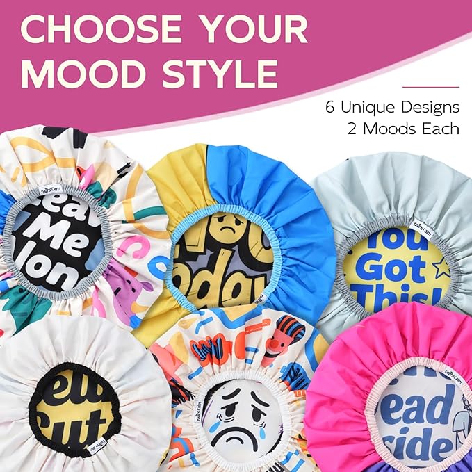Years Calm Waterproof Shower Cap for Women - Double Sided Design for Long Thick Hair, Secure Fit & Flexible Elastic Band, Reusable Bath Cap for Shower, Spa, Travel (Mood Switch 6)