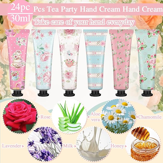 Tea Party Hand Cream Gift Set Wonderland Floral Tea Party Favor Flower Moisturizing Hand Lotion Bulk Dry Cracked Care Cream Teapot Favor Boxes Treat Gift Goodie for Baby Shower, 20 ml(24 Pcs)