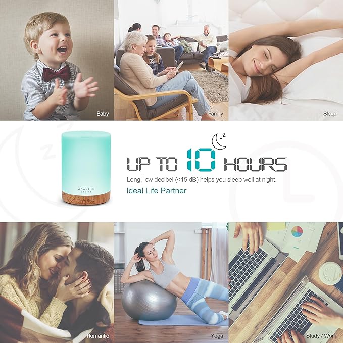 ASAKUKI Essential Oil Diffuser for Home, 300 ml Humidifier with Automatic Shut-Off, Quiet Aromatherapy Diffuser with 7 LED Lights for Living Room, Kitchen, Bedroom, Hotel, Gift for Mom - Light Brown
