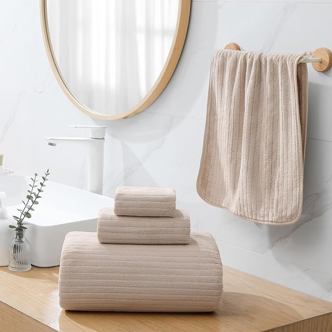 YTYC 39x78 Bath Sheets Extra Large Bath Towels Set for Adults Super Soft Absorbent Striped Microfiber Oversized Bathroom Towels - Beige, 6 PCS