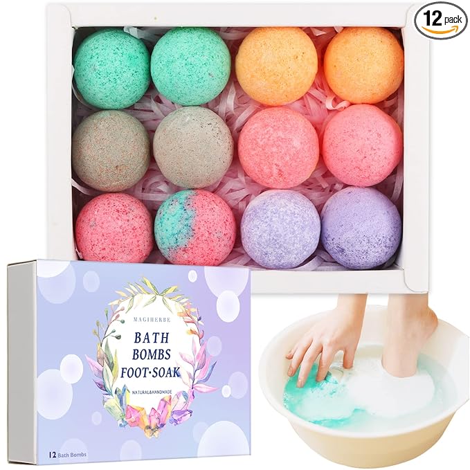 Foot Bath Bombs 12 Pack,Organic Foot Soak with Bath Salt,Foot Spa Bomb Rich Essential Oils for Dry Cracked, Athletes Foot, Stubborn Foot Odor Scent,Tired Sore Feet