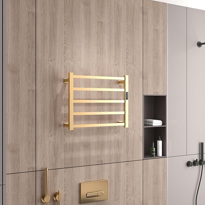 5 Bars Luxury Towel Warmers Wall Mounted Heated Towel Rack, Towel Warmer for Bathroom with Timer & Temperature Multi-Level Adjustable, Hardwired and Plug-in Compatible (Brushed Gold)