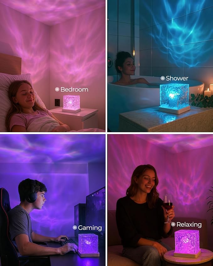 Rechargeable Shower Light No Wiring, 16 Color Ocean Wave Projector Light Cordless, Waterproof Shower Mood light with Remote, Bathtub Lights for Relaxing Spa, Water Ripple Projector for Bathroom Decor
