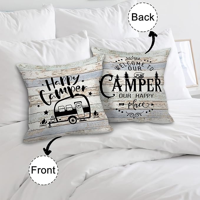 Welcome to Our Rolling Estate Soft Diatom Mud Absorbent Bath Rug 17”x30”,Welcome to Our Happy Camper Reversible Throw Pillow Cover 18”x18”,Set of 1 Pillow Cover 1 Doormat,Campsite RV Decor