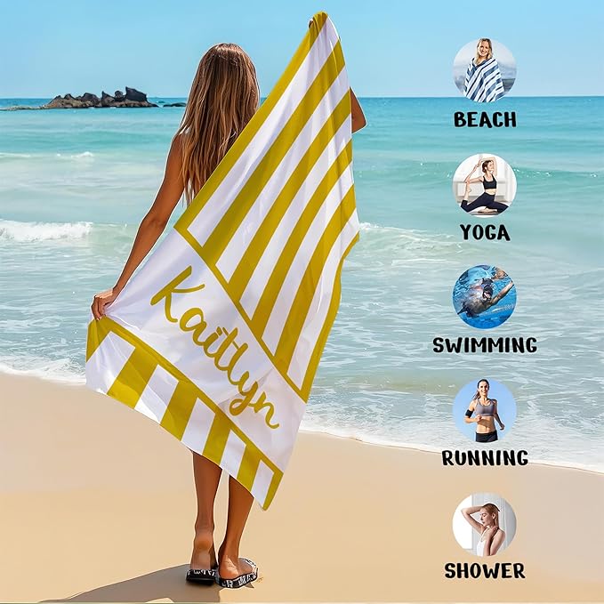JML Personalized Beach Towel with Name, Custom Cabana Stripe Beach Towel, Customized Microfiber Pool Towel, Quick Dry & Absorbent Swim Towel for Adult,Anniversary, Birthday, Summer Holiday,Vacation