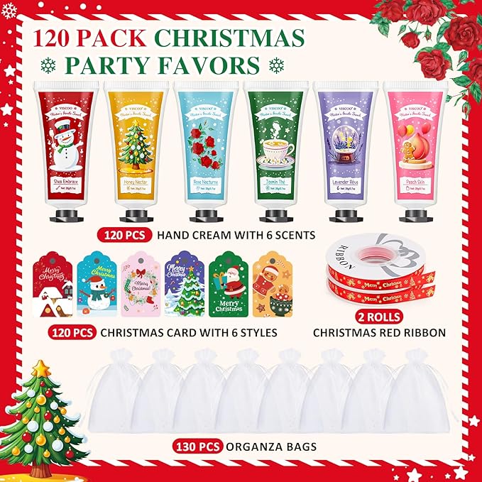 VISCOO 120 Sets Christmas Hand Cream Gift Set for Women, Hand Lotion In Bulk for Dry Cracked Hands Travel Size,Christmas Gifts with Cards and Organza Gift Bags, Stocking Stuffers for Women Teen Girls