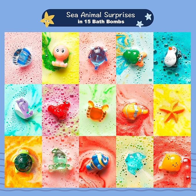 Sea Surprise Bath Bombs for Kids, 15 Pack Organic Fizzy Bath Bombs Gift Set with Hidden Ocean Toys, Gentle & Scented, Kid-Safe & Fun Bath Time, Ideal Christmas Gift & Stocking Stuffer for Kids