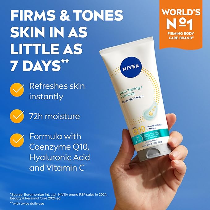 NIVEA Skin Firming & Toning Body Gel Cream with Q10, Hyaluronic Acid and Vitamin C, Mothers Day Gifts, 6.7 Oz Tube