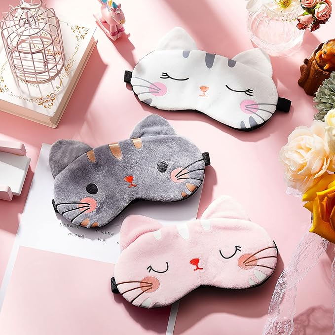 Haysandy 3 Pieces Sleep Mask for Kids Girls Cute Cat Sleeping Eye Cover Soft Mask Comfortable Funny Animal Night Eye Blindfold Cover for Kids Girls Women Home Travel(Cat)