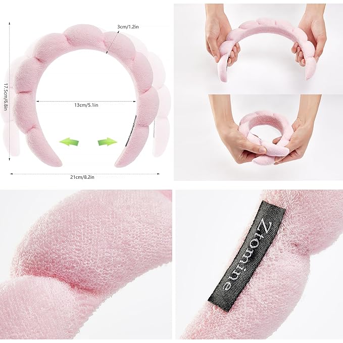 Ztomine Spa Headbands - Set of 2: Terry Cloth Face Wash Headbands - Puffy Pink + Turquoise Combo Pack