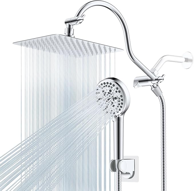 Hibbent All Metal CUPC Certified Shower Head, 10'' High Pressure Rainfall Shower Head, Handheld Showerhead Combo, 12'' Adjustable Extension Arm, 10 Sprays, 71'' Shower Hose, Showerhead Holder, Chrome