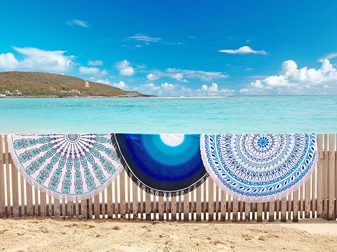 Pafusen Round Mandala Beach Towel Blanket/Boho Hippie Tapestry, Roundie Yoga Meditation Mat Picnic Rug, Bohemian Table Cloth with Tassels, Terry Towel Material, 60 inch Cute Towels, Gifts for Women