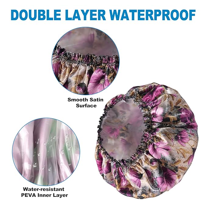 Shower Cap for Women Set of 4, Bath Caps, Double Layers Hair Caps + 4 Satin Hair Scrunchies, Reusable Waterproof Shower Caps, Elastic Hair Cap for Shower - Pattern C