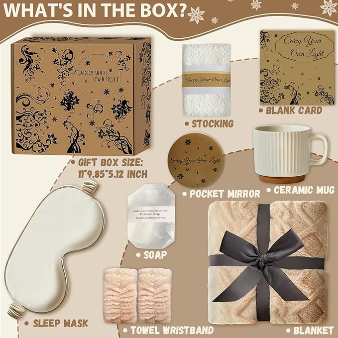 Gift Box for Mom & Women,Spa & Relaxation Set with 40“x60” Blanket,Pampering Presents for Birthday or Thank You from Daughter Son, Mother's Day/Birthday/Anniversary Present for women