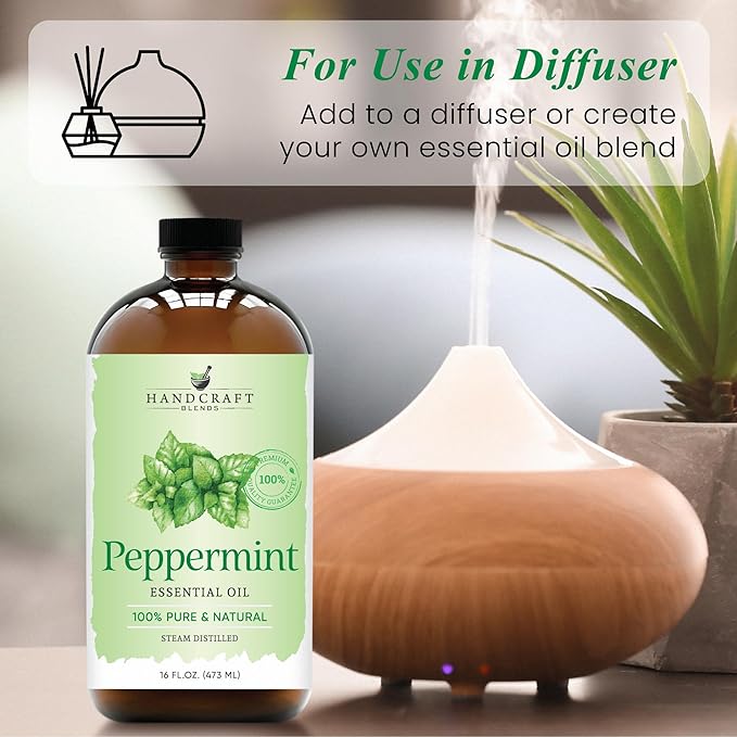 Handcraft Blends Peppermint Essential Oil in Glass Bottle – Huge 16 Fl Oz – 100% Pure and Natural – Premium Grade Oil for Diffuser and Aromatherapy, Skin, Massage, Candle and Soap Making Fragrance