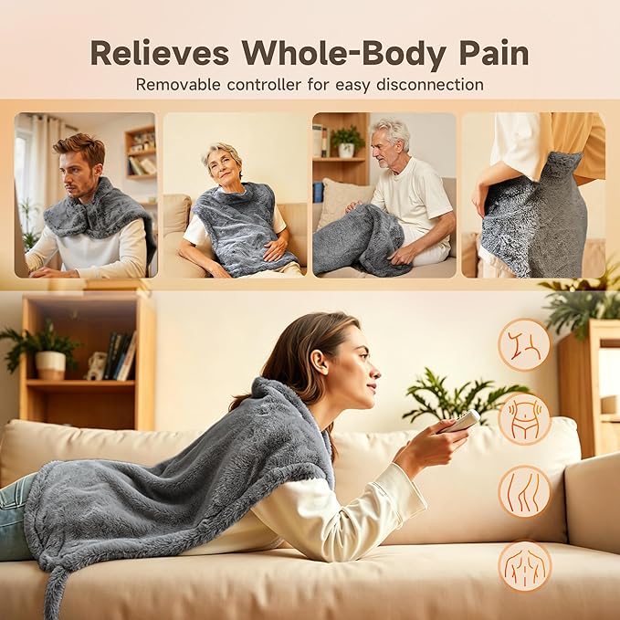 GOTCOZY Wareable Heating Pad for Back Pain Relief, 26"x35" Electric Heat Pad with Neck and Shoulder，6 Heat Settings & 1-3H Auto Shut Off, Machine Washable, Gifts for Women, Men, Mom, Dad (Gray)