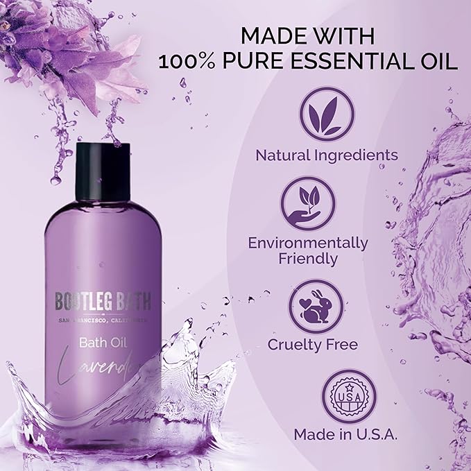 Lavender Bath Oil with Marula, Rosehip, and Jojoba Oils, Chamomile Extract, and 100% Pure Natural Essential Oil, Great Stocking Stuffer or Gift, 4oz, for Men and Women, Made in USA