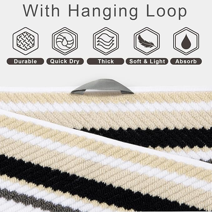 VOOVA & MOVAS Shower & Bathroom Black Striped Bath Towels (Set of 4, 28"x52") - 100% Cotton Lightweight Super Soft Highly Absorbent Quick Dry Towels with Hanging Loop | Gray & Black Striped