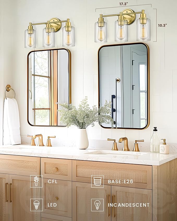 FEMILA Bathroom Vanity Light,Farmhouse Modern Vanity Lighting fixtures,Vintage Wall Lamp, Champagne Gold Finish with Clear Glass Shade,4FYC56B-3W BG