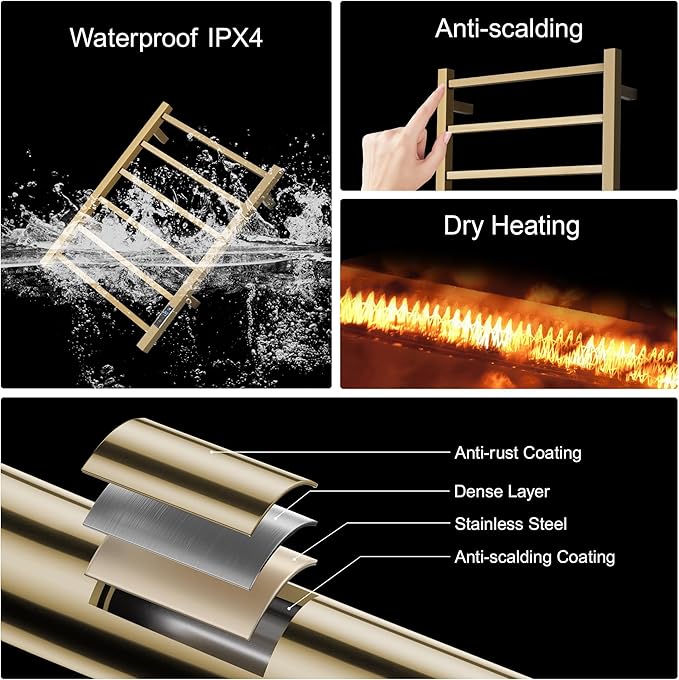 Electric Heated Towel Warmer - Wall Mounted Bathroom Towel Rack, Plug-in Design & Gold Brushed Stainless Steel 6 Bar Gold with Timer & Temperature Control