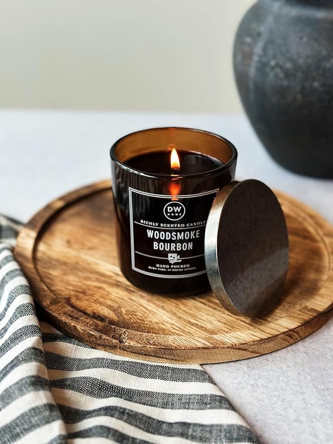 DW Home Woodsmoke Bourbon Scented Candle – Smoked Vanilla, Oak Aged Bourbon & Hickory Fragrance, 15 oz Double Wick Jar Candle, Long Burning Home Fragrance