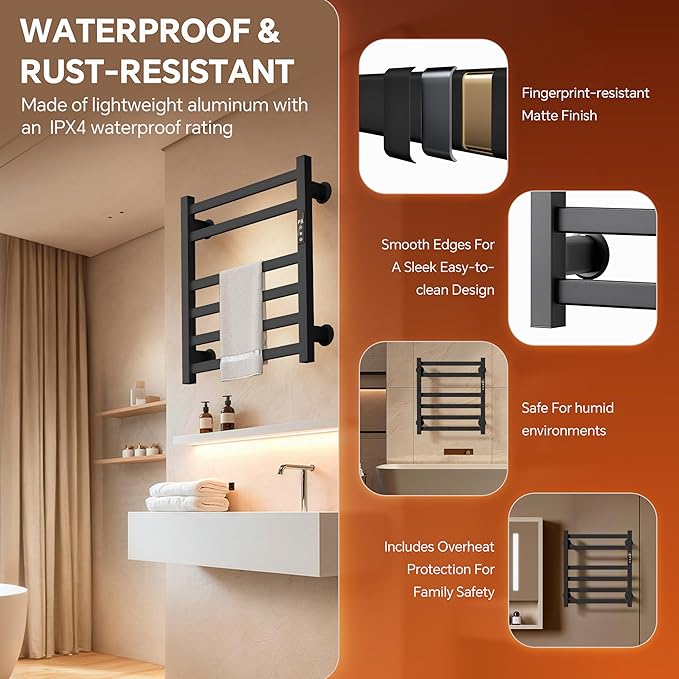 Electric Towel Warmer Wall Mounted, 6 Bar Heated Towel Rack with Intelligent Timer & Temp Control, Plug-in/Hardwire, Left and Right Compatible