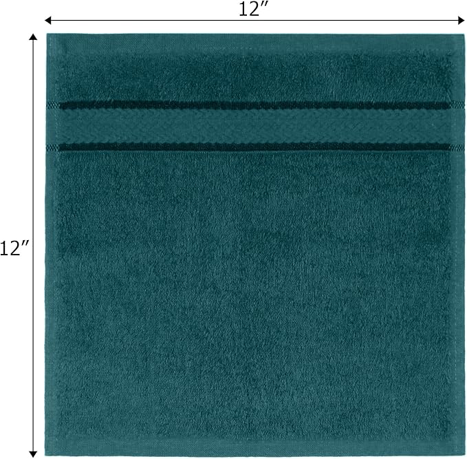 Cotton Craft Ultra Soft 12 Pack Wash Cloths 12x12 Teal Weighs 2 Ounces Each - 100% Pure Ringspun Cotton - Luxurious Rayon Trim - Ideal for Everyday use - Easy Care Machine wash