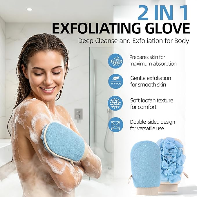 2-in-1 Exfoliating Glove for Self Tan Removal & Daily Shower, Dual-Sided Korean Body Scrubber Mitt with Loofah Sponge, Dead Skin Remover for KP, Ingrown Hair & Smooth Skin