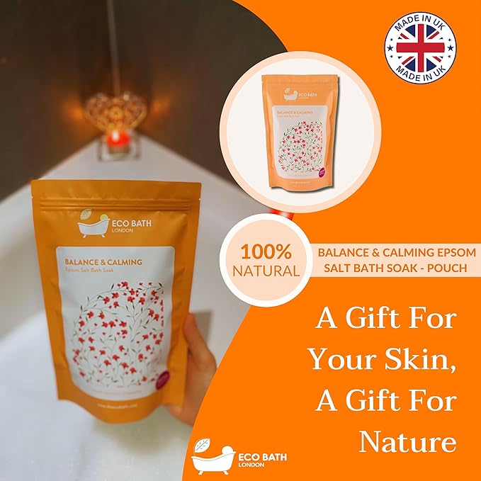Eco Bath London Balance and Calming Epsom Salt Bath Soak – Pouch 2.2 LB (1kg) | Made in UK | Magnesium Bath Salt with Neroli, Geranium and Chamomile